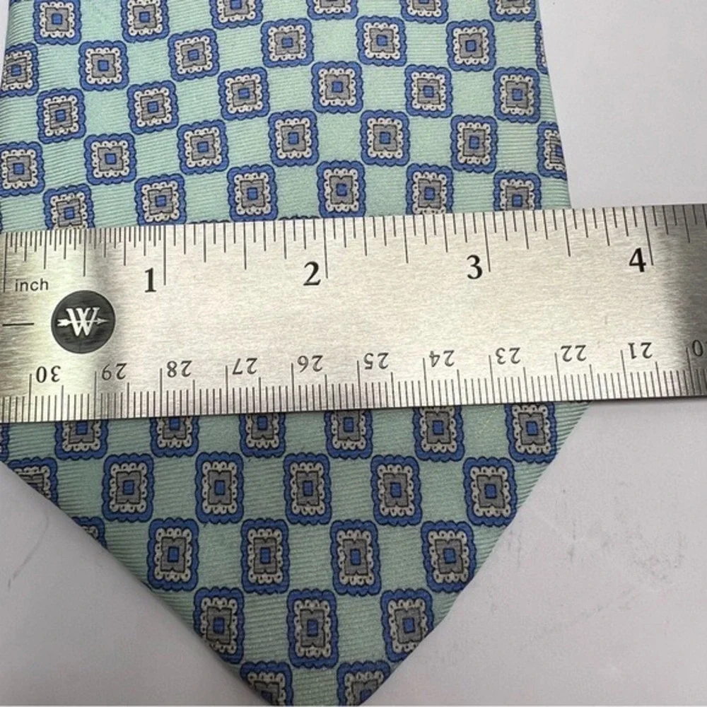 Bellinzona Silk Tie Mens Blue Grey Geometric Medallion Mint Green Hand Sewn USA
